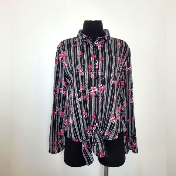 Floral Striped Blouse Tie Front Knotted Rose Boho Romantic Feminine Summer Large - Picture 1 of 9